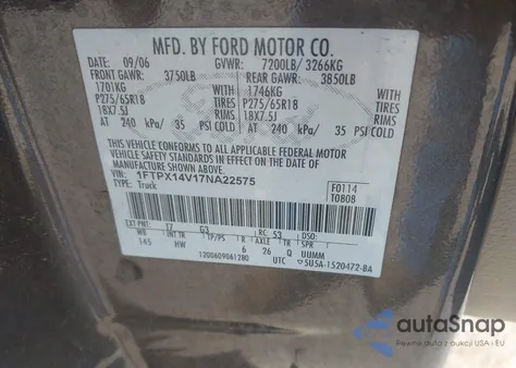 2007 Ford F-150 Fx4/Lariat/Xl/Xlt из США, поврежденный, VIN 1FTPX14V17NA22575